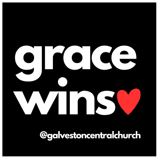 black square sticker with the words "grace wins" written in white, followed by a small red heart and our instagram handle @galvestoncentralchurch underneath also in white