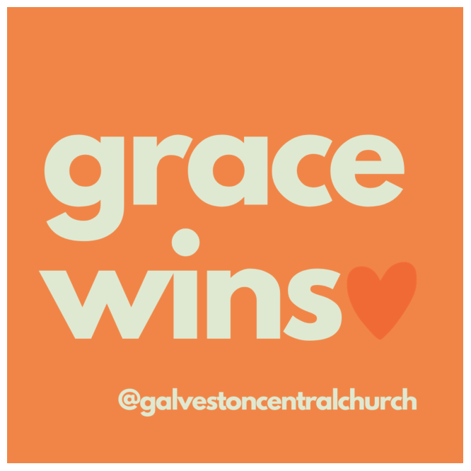 a square, orange sticker with the words "grace wins" written in light beige followed by a small, darker orange heart and our instagram handle @galvestoncentralchurch below also in light beige.