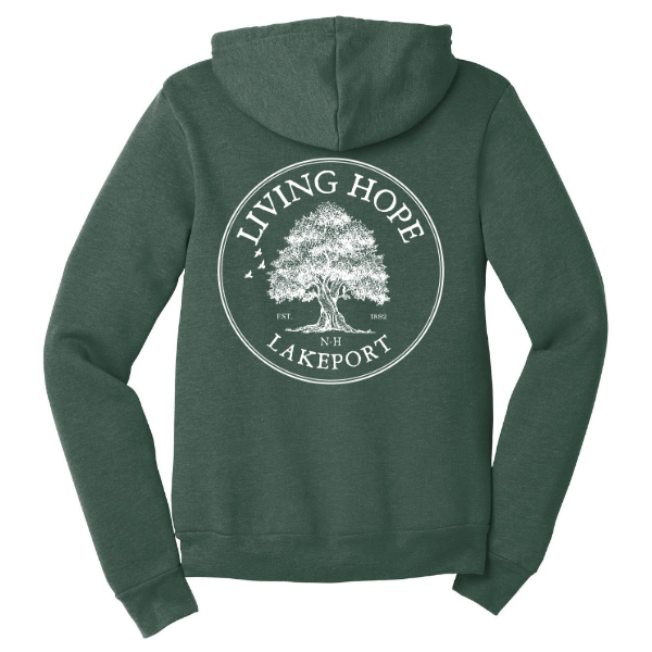 Living Hope Lakeport Unisex Fleece Full-Zip Hoodie Heather Forest Back Round Logo Design