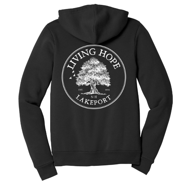 Living Hope Lakeport Unisex Fleece Full-Zip Hoodie Black Back Round Logo Design