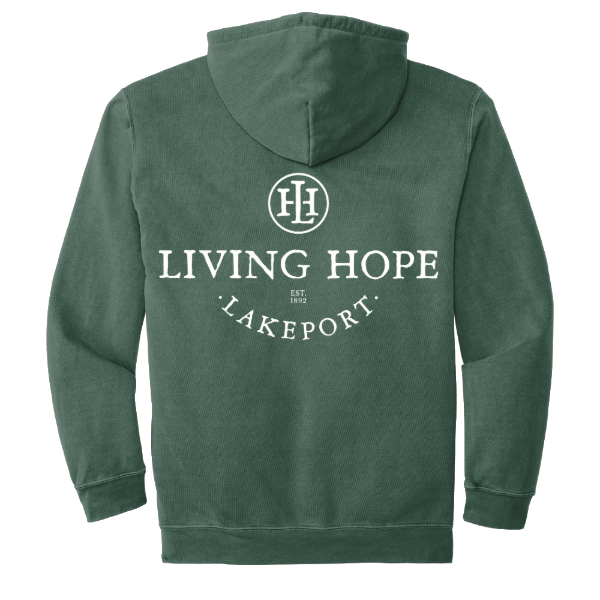 Living Hope Lakeport NH Lightweight Fleece Hooded Sweatshirt Blue Spruce Back