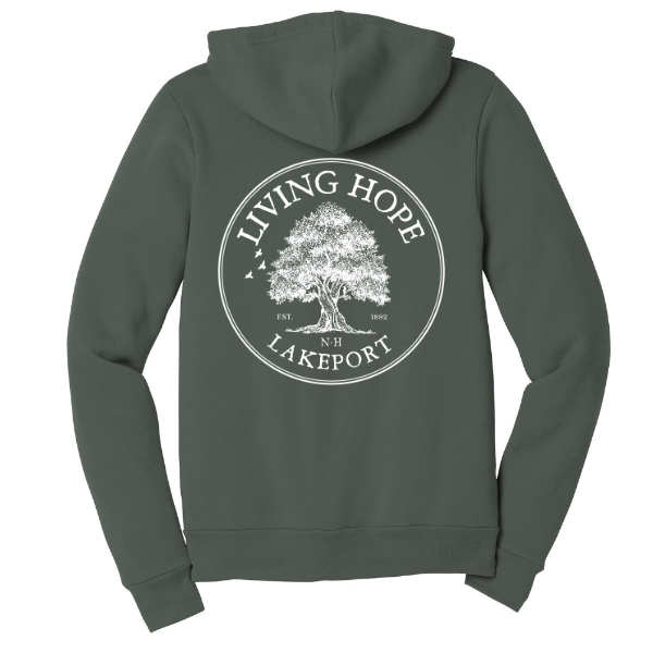 Living Hope Lakeport Unisex Fleece Full-Zip Hoodie Military Green Back Round Logo Design