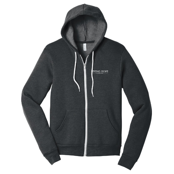 Living Hope Lakeport Unisex Fleece Full-Zip Hoodie Dark Grey Front Text Logo