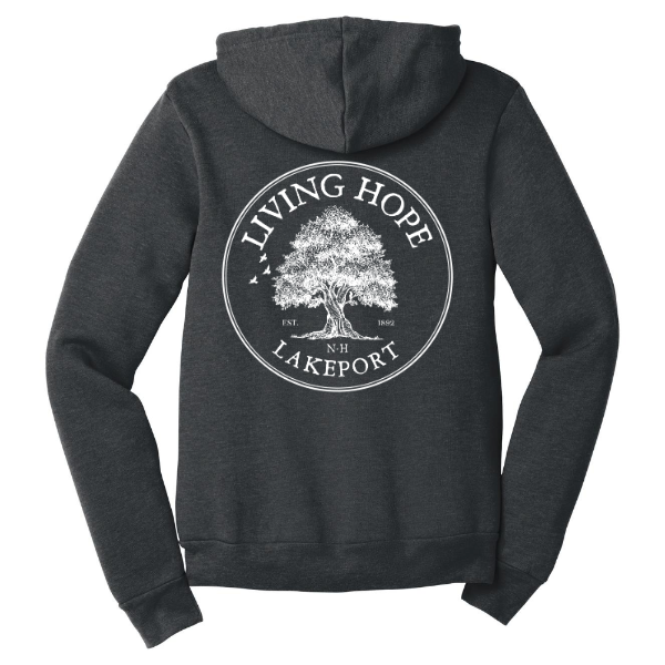 Living Hope Lakeport Unisex Fleece Full-Zip Hoodie Dark Grey Back Round Logo Design