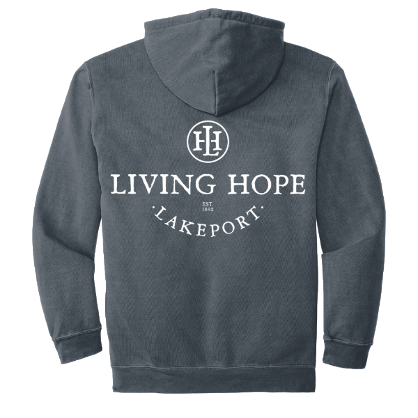 Living Hope Lakeport NH Lightweight Fleece Hooded Sweatshirt Denim Back