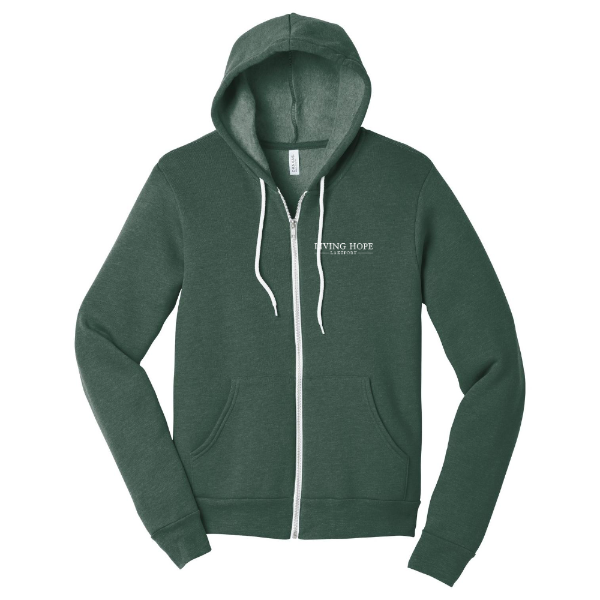 Living Hope Lakeport Unisex Fleece Full-Zip Hoodie Heather Forest Front Text Logo