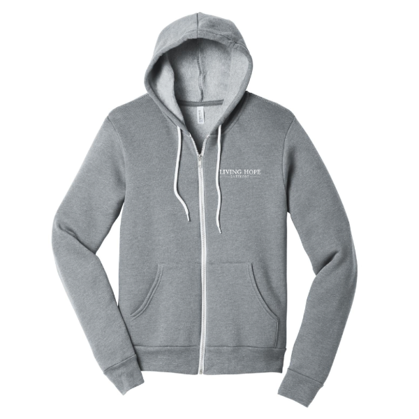 Living Hope Lakeport Unisex Fleece Full-Zip Hoodie Athletic Grey Front Text Logo