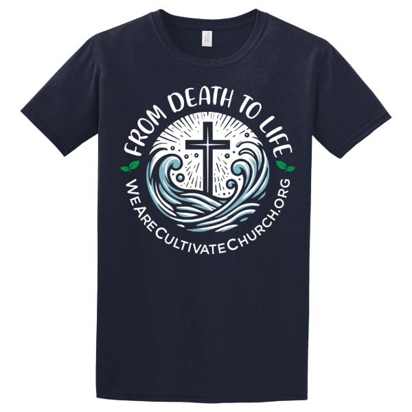 From Death to Life Baptism Softstyle T-Shirt - Navy Blue (Scripture Matthew 28:19 on back)