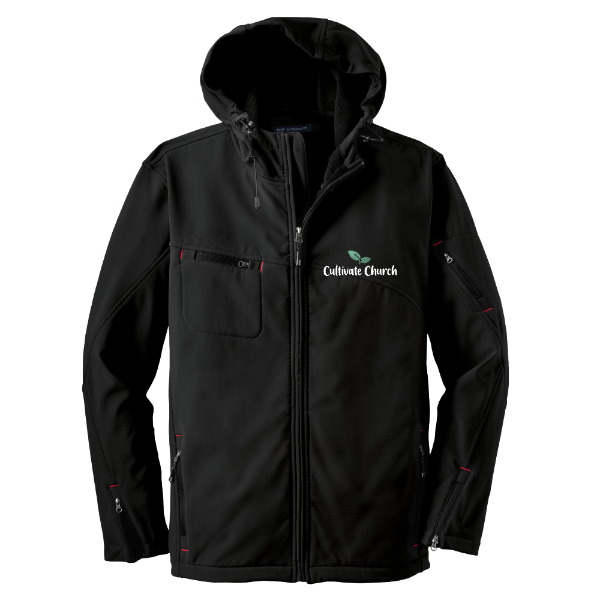 Cultivate Church Textured Hooded Soft Shell Jacket wReversed Embroidered Logo
