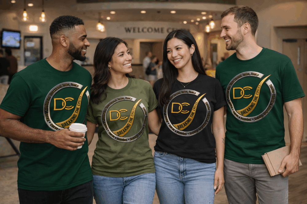 Multicultural group wearing Breaking The Cycles DCC t-shirts talking in a church lobby after service