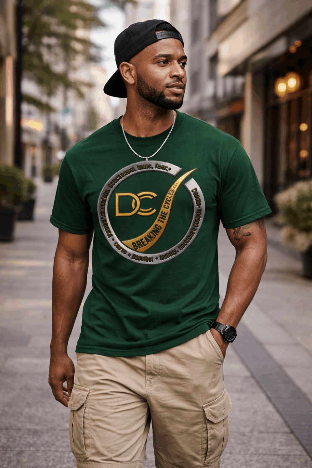 Person wearing Breaking The Cycles Christian streetwear shirt