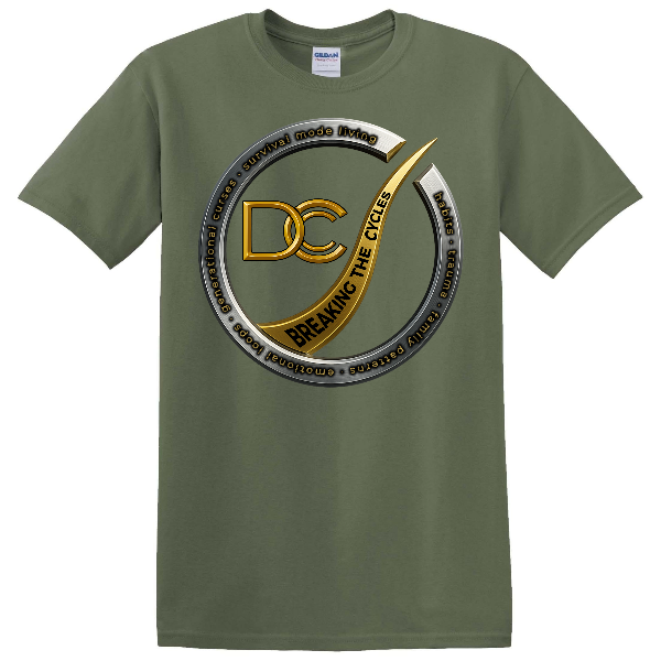 Olive green Breaking The Cycles Christian t-shirt with gold and silver circular emblem