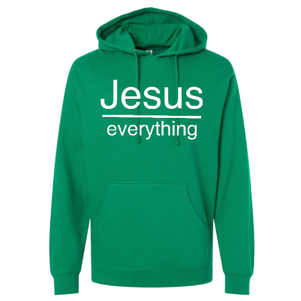 Independent Midweight Hooded Sweatshirt with Jesus Over Everything On Front and Large White "W" Logo on the back.